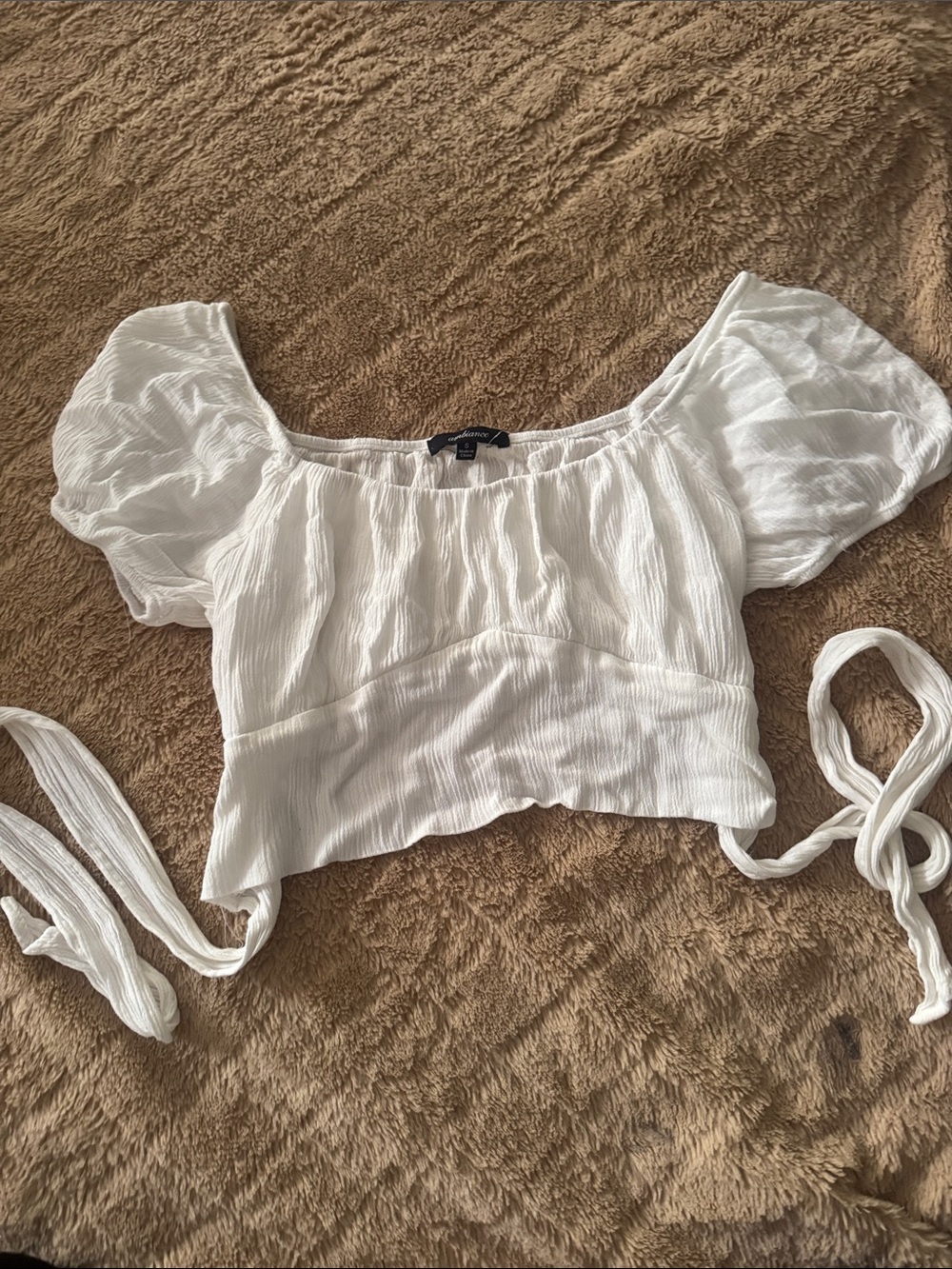 Ambiance White Puff-Sleeve Tie-Back Crop Top